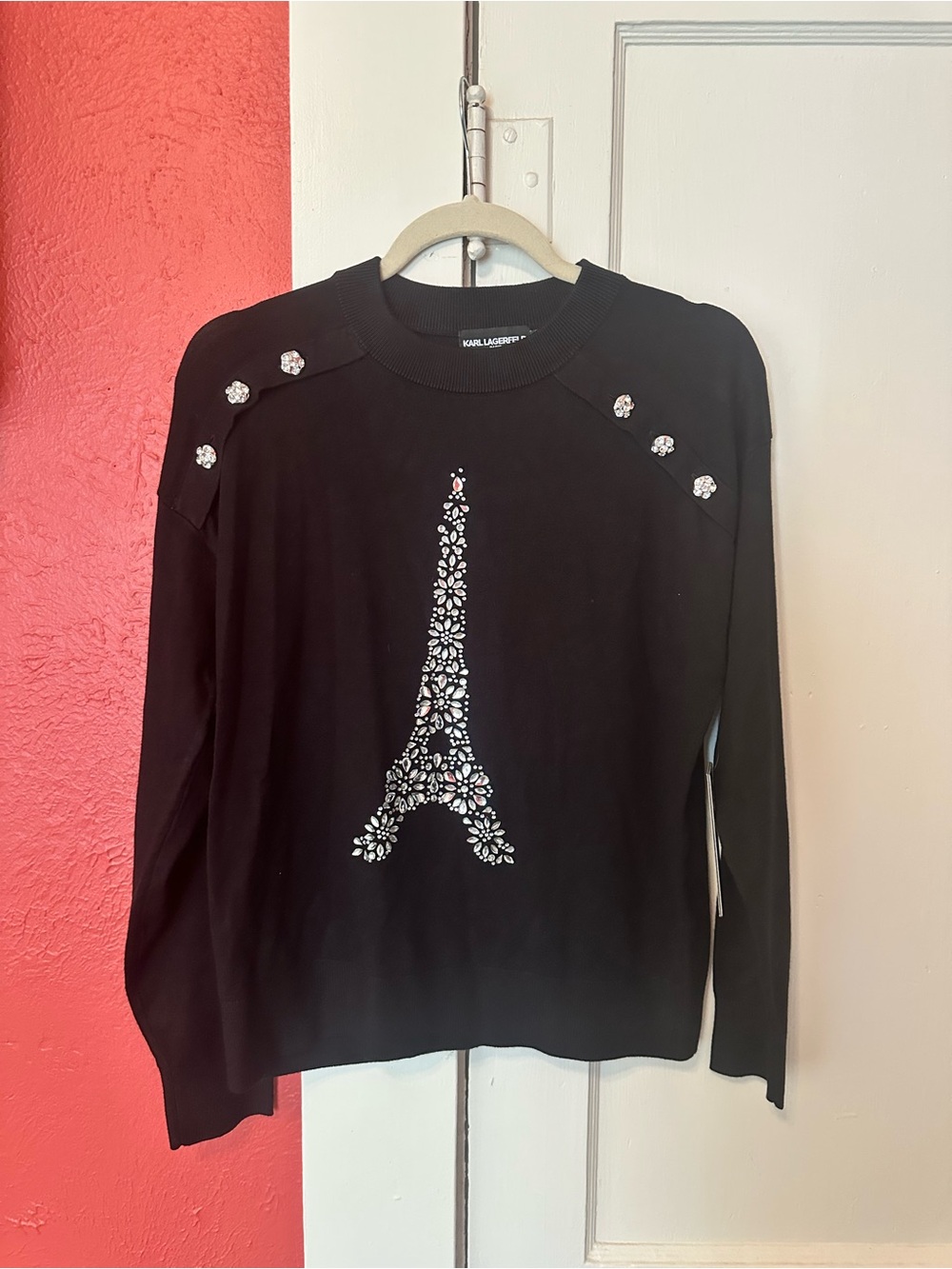 Karl Lagerfeld Black Rhinestone Eiffel Knit Sweatshirt